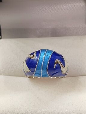 Vintage Enameled Swans Ring Signed Silver Adjustable Chinese Export